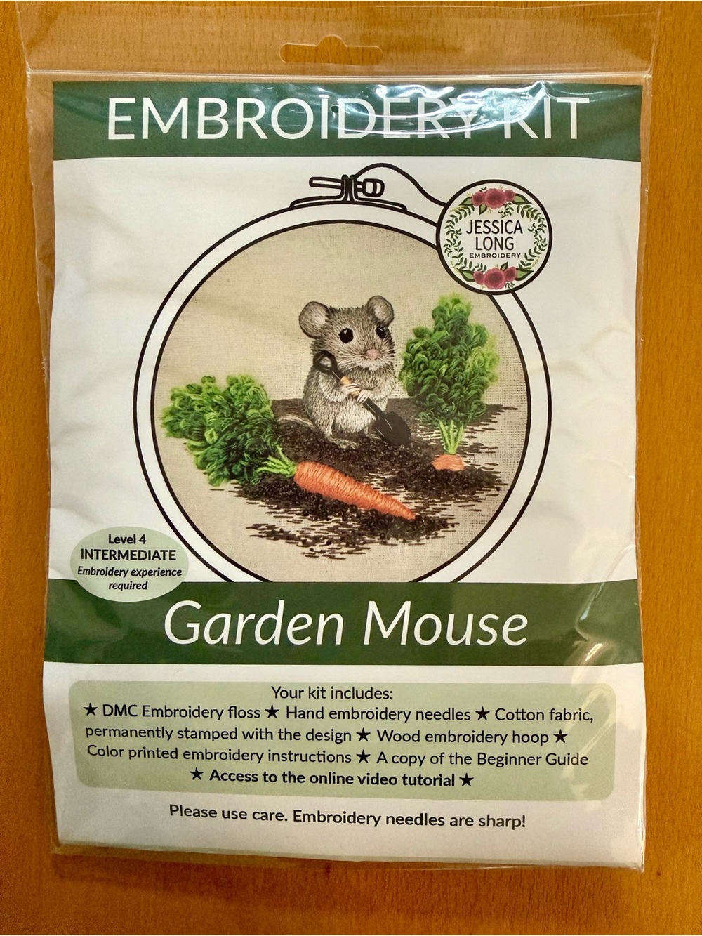 Jessica Long Garden Mouse Embroidery Kit - Green, Orange, Gray